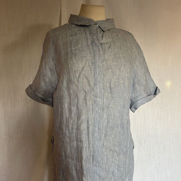 Blue Linen Shirt Dress Midi Tie Waist white striped casual nautical UK 16 NWT - Picture 2 of 12